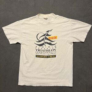 VTG 90s‎ Triathlon Running T Shirt Mens L White 2 Sided Thrashed Single Stitch